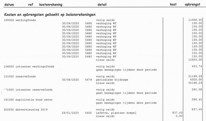 laPlage, afrekeningen, kosten via balansrekeningen